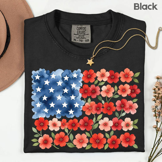 Floral American Flag Comfort Colors T Shirts Watercolor Patriotic Tee Cute Red White Blue Flower Shirt 4th of July Fourth of July Gifts
