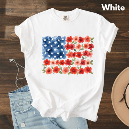 Floral American Flag Comfort Colors T Shirts Watercolor Patriotic Tee Cute Red White Blue Flower Shirt 4th of July Fourth of July Gifts