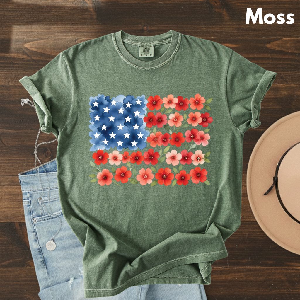 Floral American Flag Comfort Colors T Shirts Watercolor Patriotic Tee Cute Red White Blue Flower Shirt 4th of July Fourth of July Gifts
