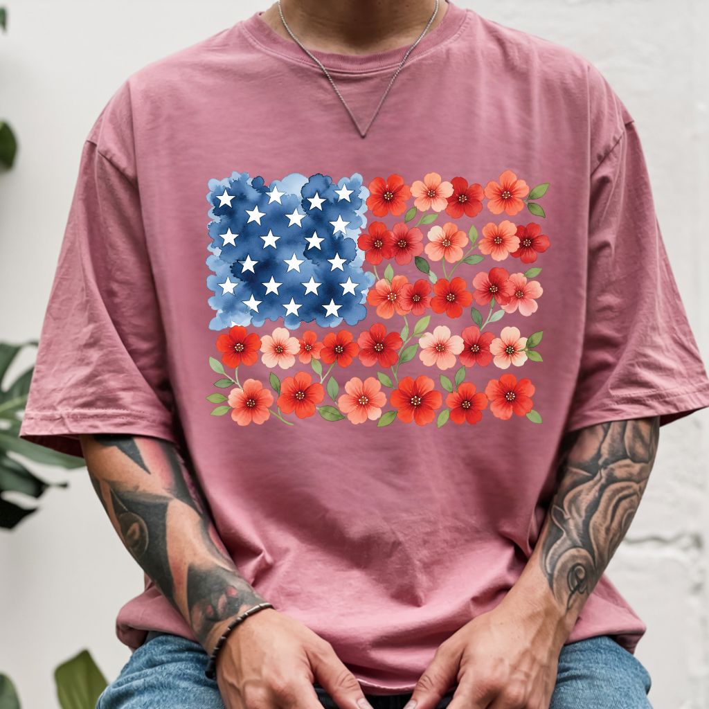 Floral American Flag Comfort Colors T Shirts Watercolor Patriotic Tee Cute Red White Blue Flower Shirt 4th of July Fourth of July Gifts