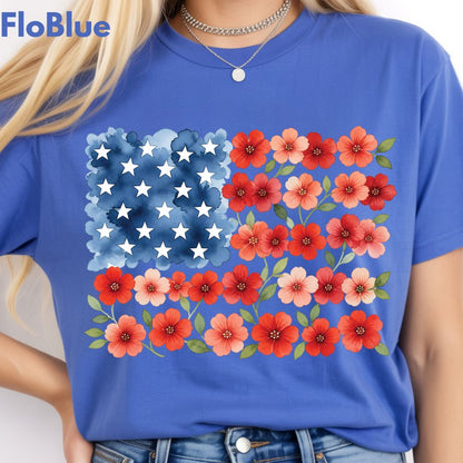 Floral American Flag Comfort Colors T Shirts Watercolor Patriotic Tee Cute Red White Blue Flower Shirt 4th of July Fourth of July Gifts