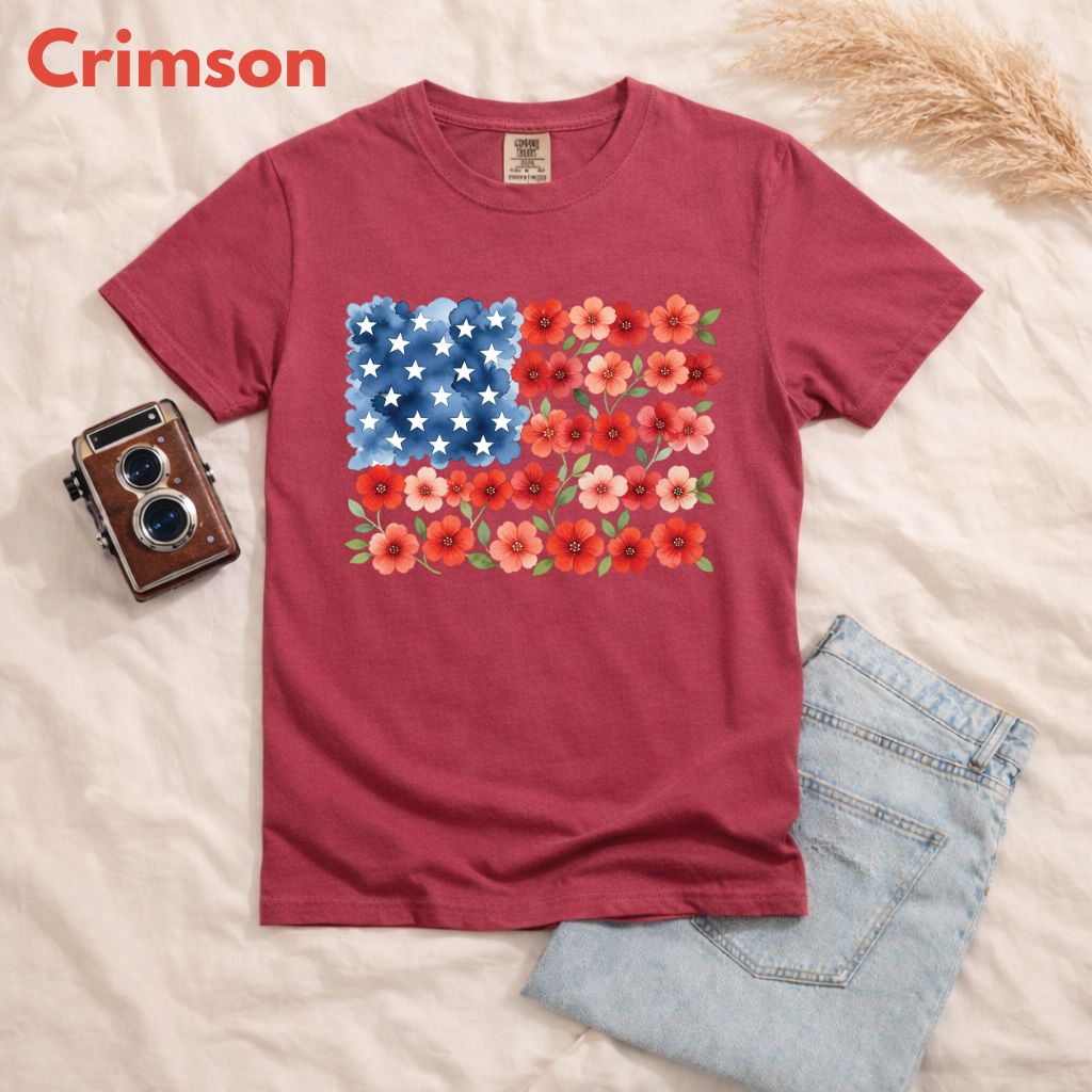 Floral American Flag Comfort Colors T Shirts Watercolor Patriotic Tee Cute Red White Blue Flower Shirt 4th of July Fourth of July Gifts