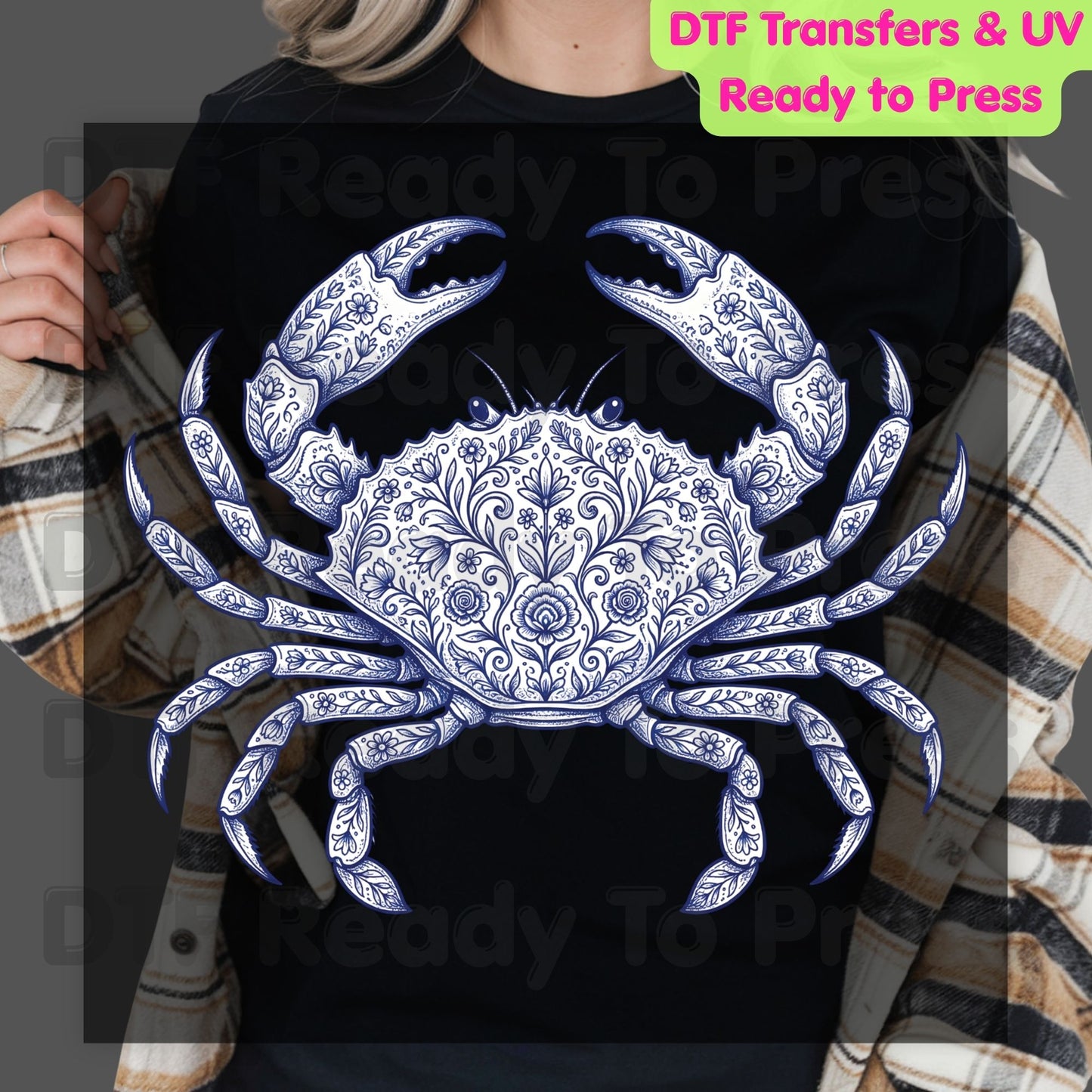 Floral Blue Crab Aesthetic DTF Transfer Ready to Press Coastal Nautical Folk Art Heat Transfer for Shirts UV Sticker Prints