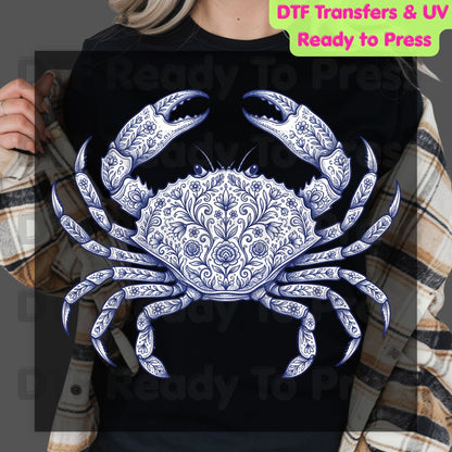 Floral Blue Crab Aesthetic DTF Transfer Ready to Press Coastal Nautical Folk Art Heat Transfer for Shirts UV Sticker Prints