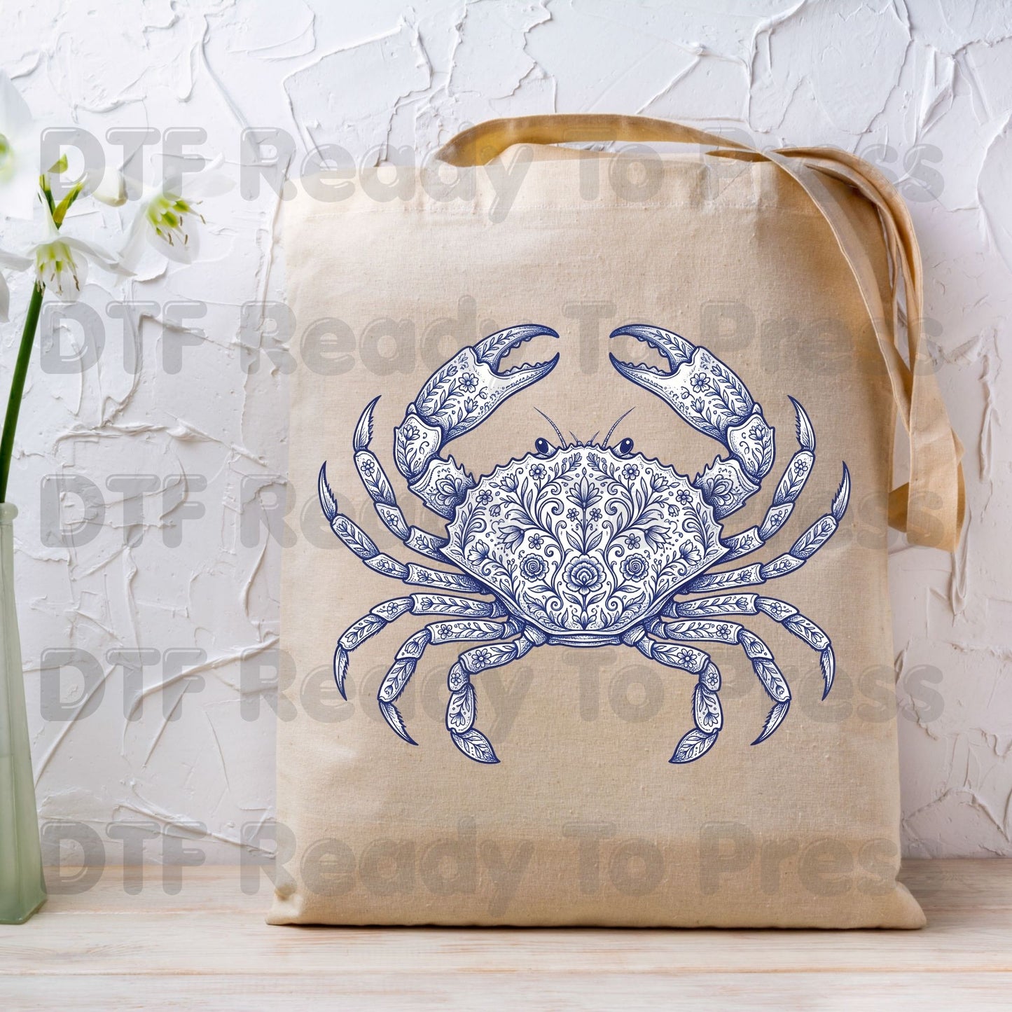 Floral Blue Crab Aesthetic DTF Transfer Ready to Press Coastal Nautical Folk Art Heat Transfer for Shirts UV Sticker Prints
