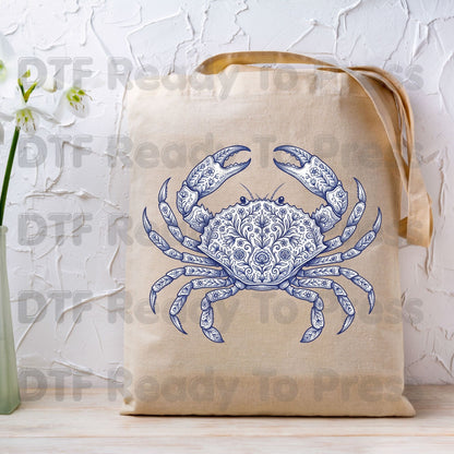 Floral Blue Crab Aesthetic DTF Transfer Ready to Press Coastal Nautical Folk Art Heat Transfer for Shirts UV Sticker Prints