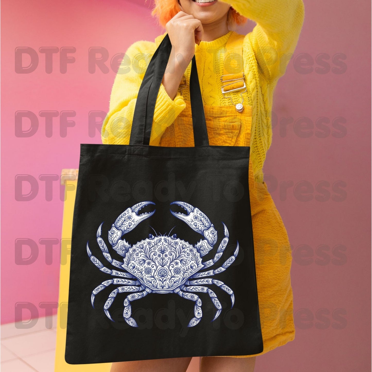 Floral Blue Crab Aesthetic DTF Transfer Ready to Press Coastal Nautical Folk Art Heat Transfer for Shirts UV Sticker Prints