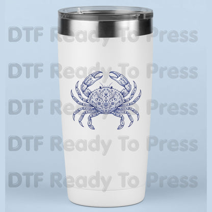 Floral Blue Crab Aesthetic DTF Transfer Ready to Press Coastal Nautical Folk Art Heat Transfer for Shirts UV Sticker Prints