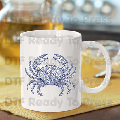 Floral Blue Crab Aesthetic DTF Transfer Ready to Press Coastal Nautical Folk Art Heat Transfer for Shirts UV Sticker Prints