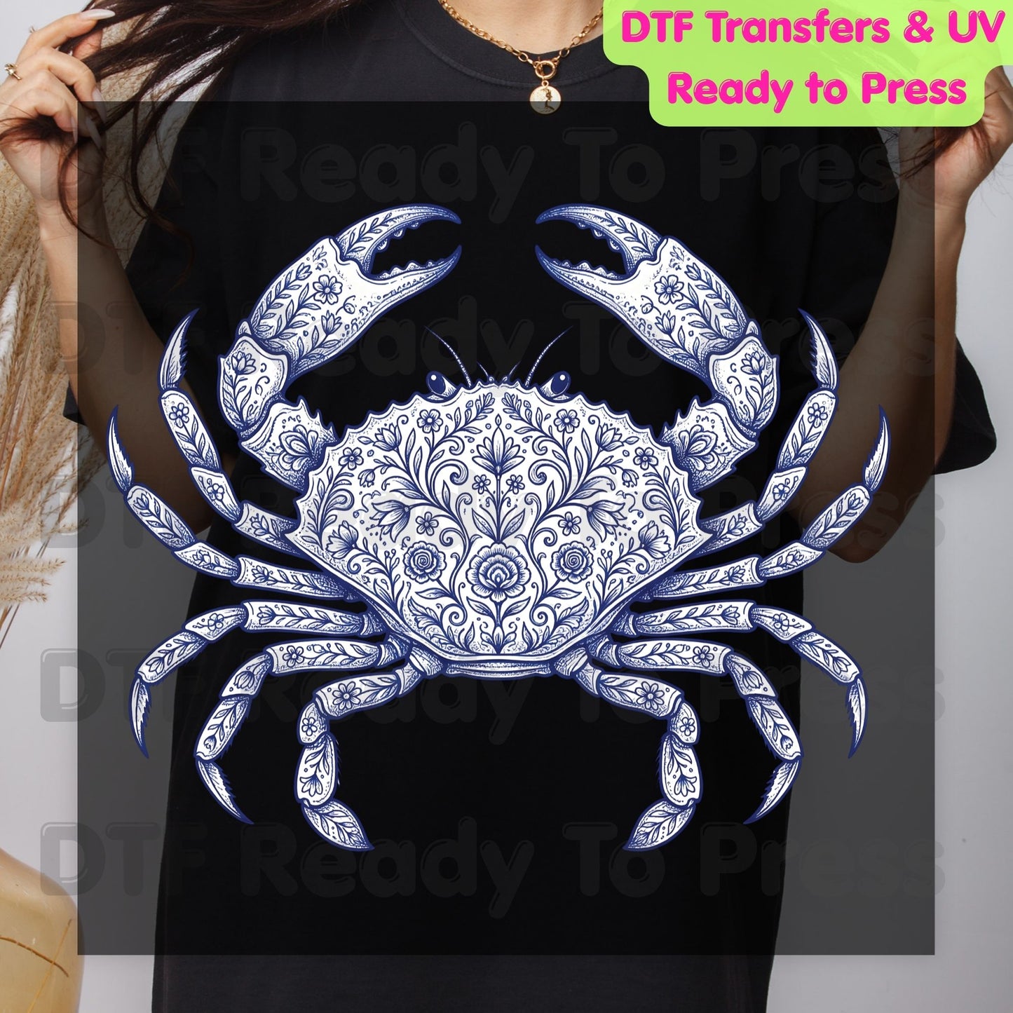 Floral Blue Crab Aesthetic DTF Transfer Ready to Press Coastal Nautical Folk Art Heat Transfer for Shirts UV Sticker Prints