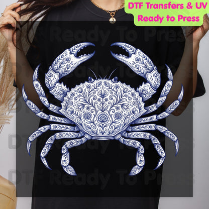 Floral Blue Crab Aesthetic DTF Transfer Ready to Press Coastal Nautical Folk Art Heat Transfer for Shirts UV Sticker Prints