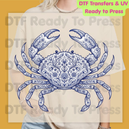 Floral Blue Crab Aesthetic DTF Transfer Ready to Press Coastal Nautical Folk Art Heat Transfer for Shirts UV Sticker Prints