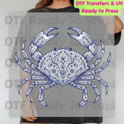Floral Blue Crab Aesthetic DTF Transfer Ready to Press Coastal Nautical Folk Art Heat Transfer for Shirts UV Sticker Prints