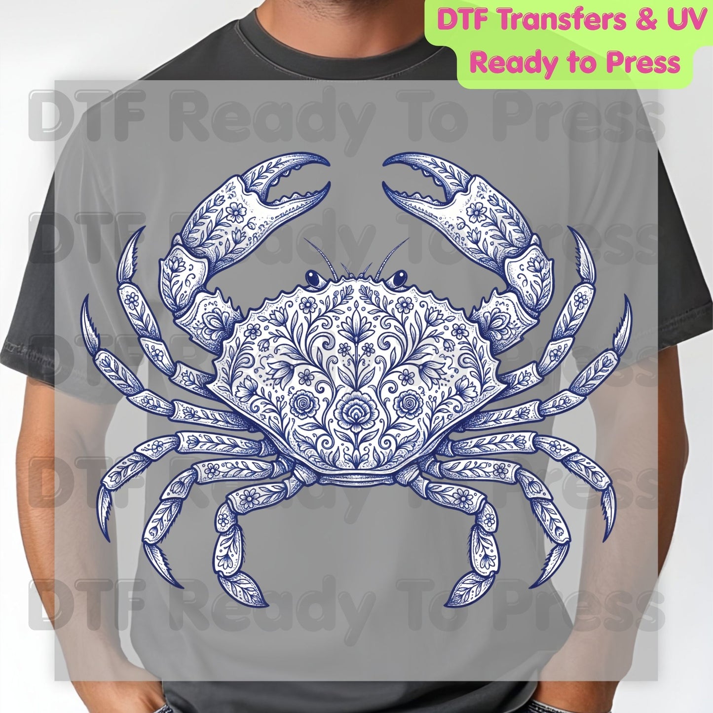 Floral Blue Crab Aesthetic DTF Transfer Ready to Press Coastal Nautical Folk Art Heat Transfer for Shirts UV Sticker Prints