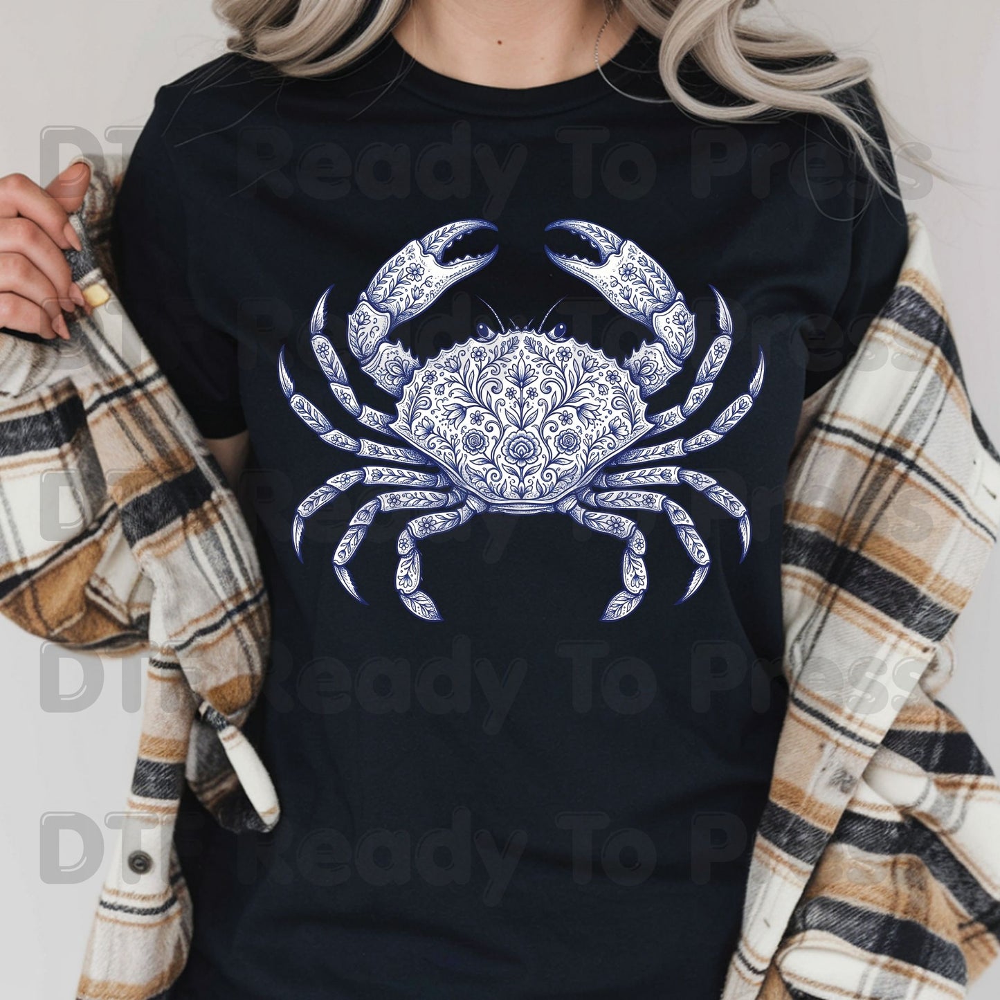 Floral Blue Crab Aesthetic DTF Transfer Ready to Press Coastal Nautical Folk Art Heat Transfer for Shirts UV Sticker Prints