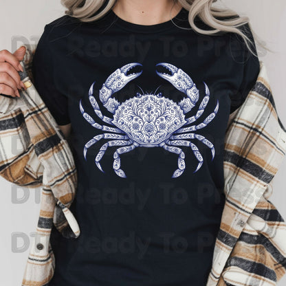 Floral Blue Crab Aesthetic DTF Transfer Ready to Press Coastal Nautical Folk Art Heat Transfer for Shirts UV Sticker Prints
