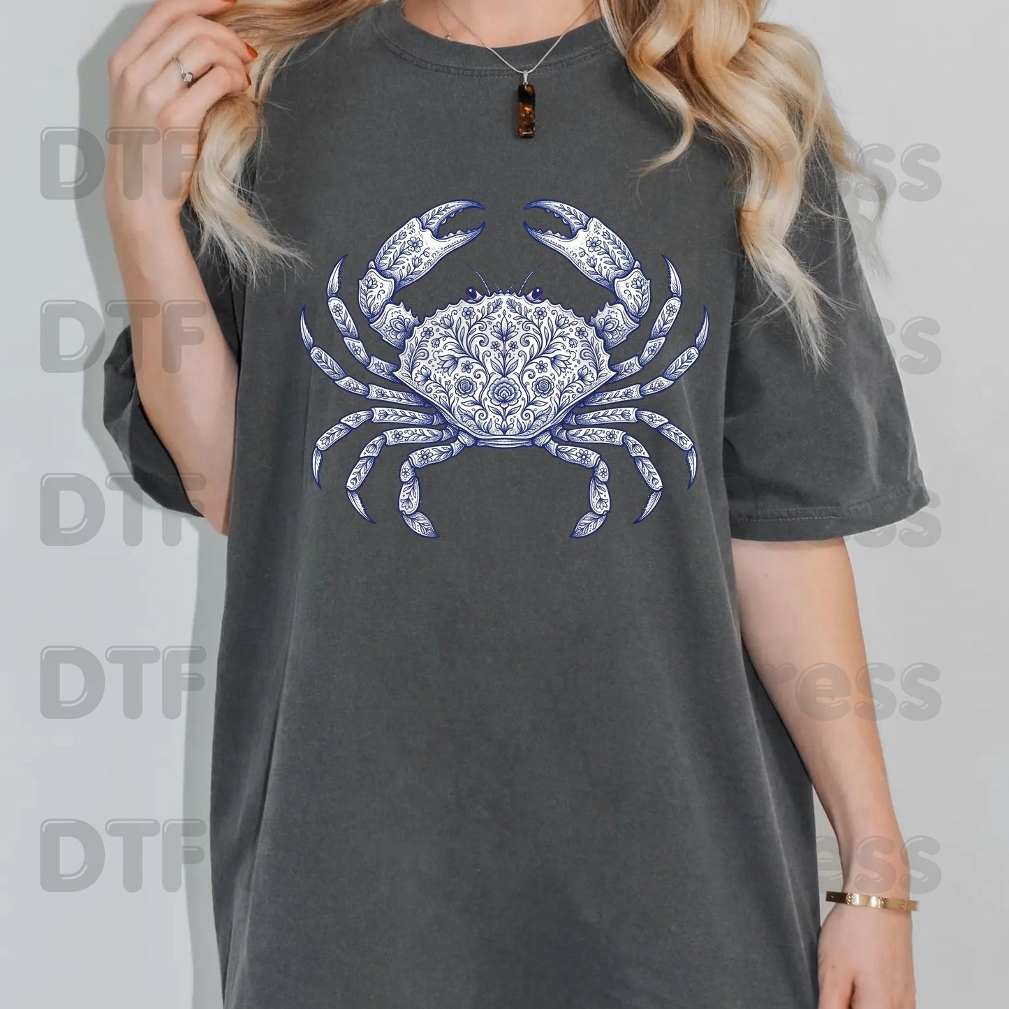 Floral Blue Crab Aesthetic DTF Transfer Ready to Press Coastal Nautical Folk Art Heat Transfer for Shirts UV Sticker Prints