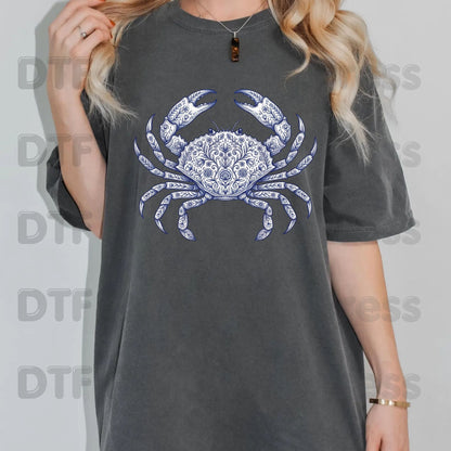 Floral Blue Crab Aesthetic DTF Transfer Ready to Press Coastal Nautical Folk Art Heat Transfer for Shirts UV Sticker Prints