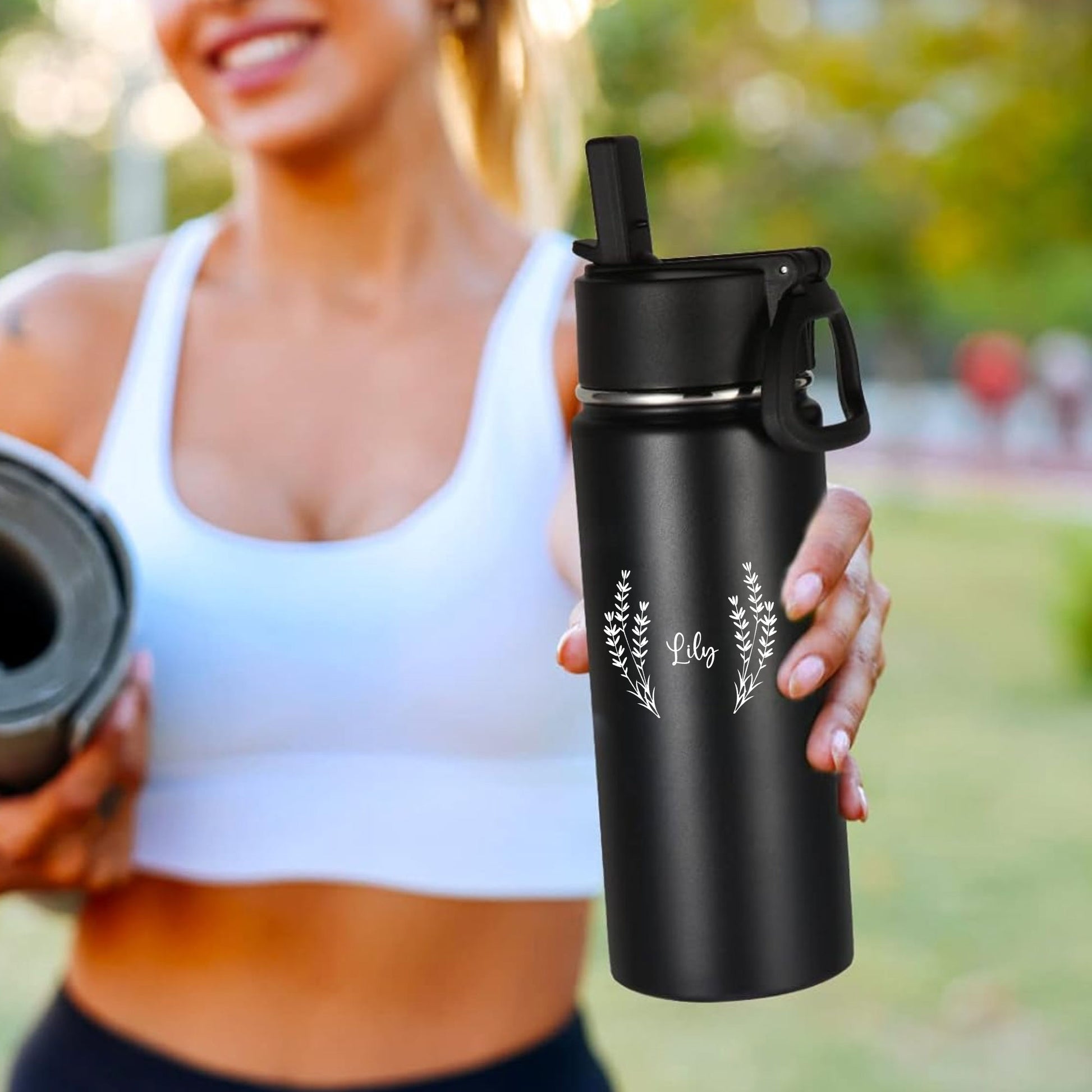 Floral Custom Name Stainless Steel Water Bottle