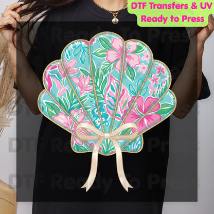 Floral Seashell Preppy Coquette Bow DTF Transfer Ready to Press Summer Beach Vacation Heat Transfer for Shirts Coastal UV Sticker Prints