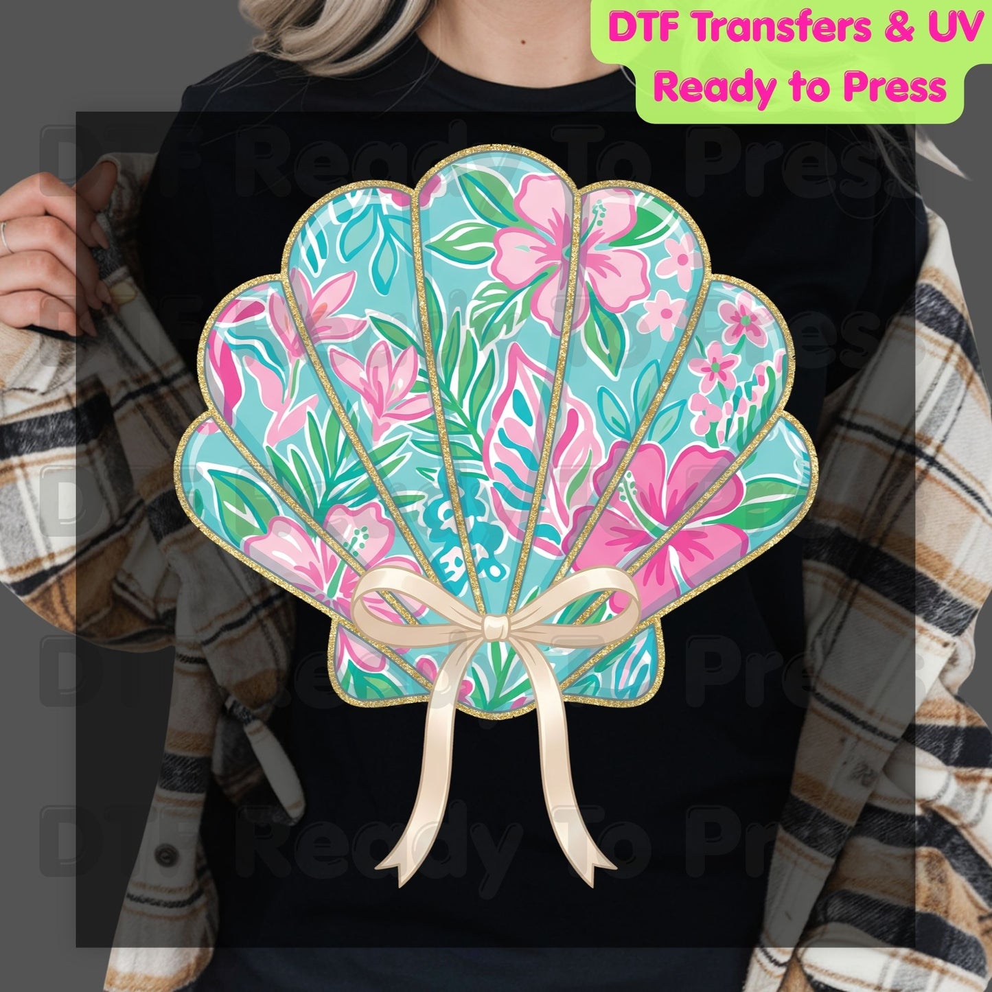 Floral Seashell Preppy Coquette Bow DTF Transfer Ready to Press Summer Beach Vacation Heat Transfer for Shirts Coastal UV Sticker Prints