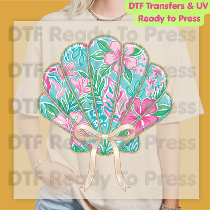 Floral Seashell Preppy Coquette Bow DTF Transfer Ready to Press Summer Beach Vacation Heat Transfer for Shirts Coastal UV Sticker Prints