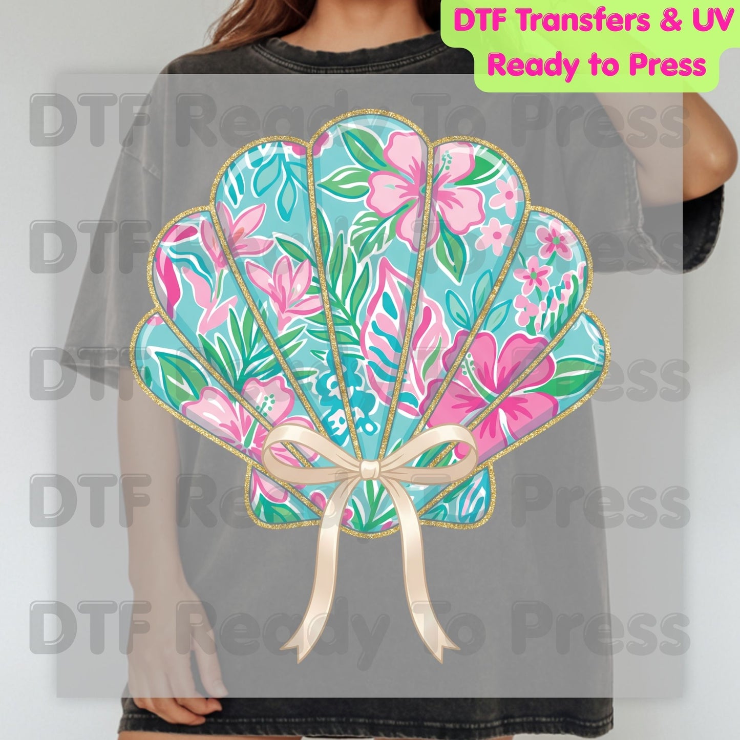 Floral Seashell Preppy Coquette Bow DTF Transfer Ready to Press Summer Beach Vacation Heat Transfer for Shirts Coastal UV Sticker Prints