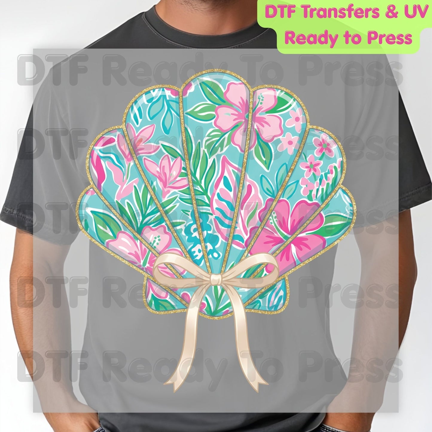 Floral Seashell Preppy Coquette Bow DTF Transfer Ready to Press Summer Beach Vacation Heat Transfer for Shirts Coastal UV Sticker Prints