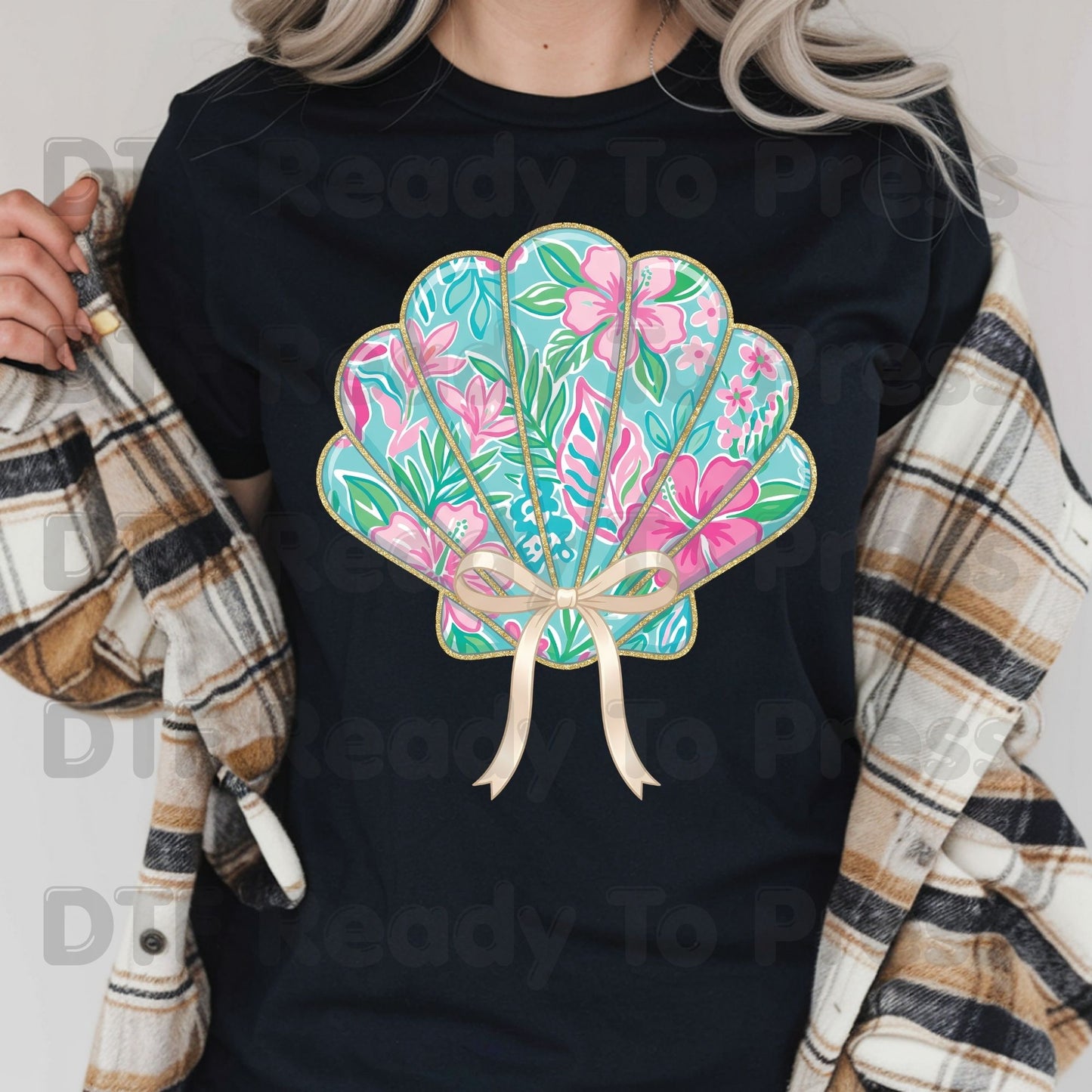Floral Seashell Preppy Coquette Bow DTF Transfer Ready to Press Summer Beach Vacation Heat Transfer for Shirts Coastal UV Sticker Prints