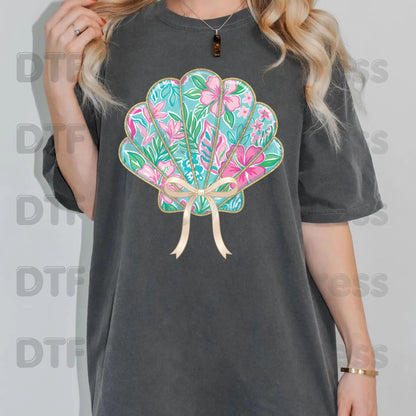 Floral Seashell Preppy Coquette Bow DTF Transfer Ready to Press Summer Beach Vacation Heat Transfer for Shirts Coastal UV Sticker Prints