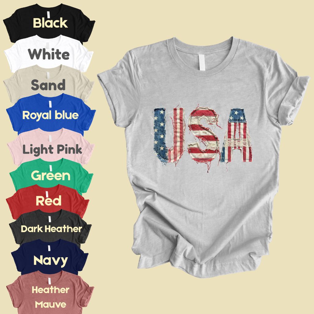 Frayed Denim USA Letters Comfort Colors T Shirts Shabby Chic Patriotic Tee Ragged American Flag Shirt 4th of July Fourth of July Gifts