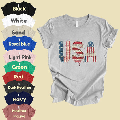 Frayed Denim USA Letters Comfort Colors T Shirts Shabby Chic Patriotic Tee Ragged American Flag Shirt 4th of July Fourth of July Gifts