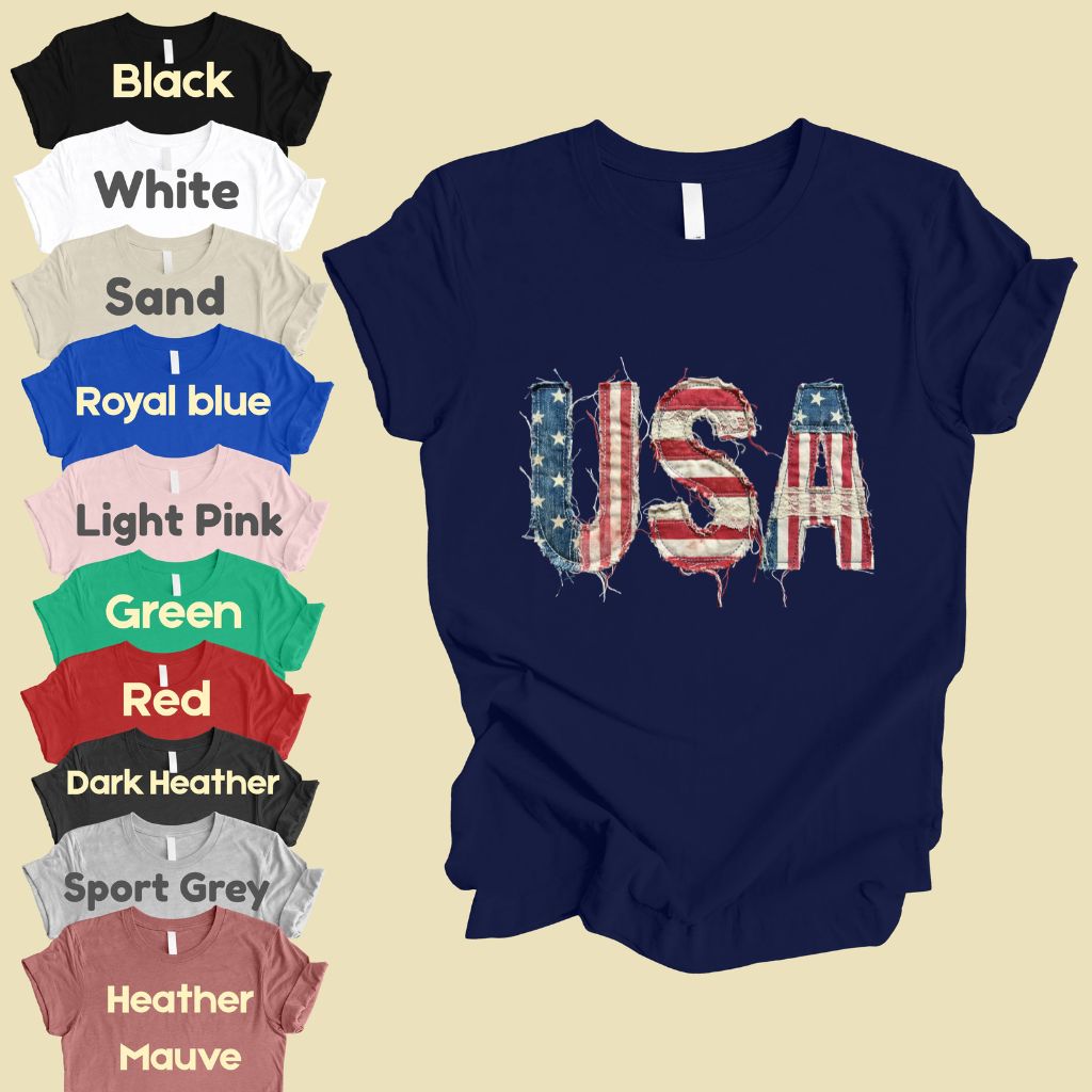 Frayed Denim USA Letters Comfort Colors T Shirts Shabby Chic Patriotic Tee Ragged American Flag Shirt 4th of July Fourth of July Gifts