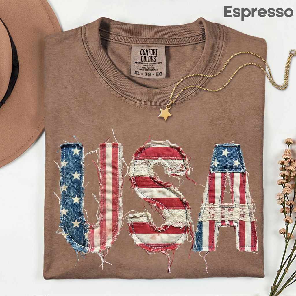 Frayed Denim USA Letters Comfort Colors T Shirts Shabby Chic Patriotic Tee Ragged American Flag Shirt 4th of July Fourth of July Gifts
