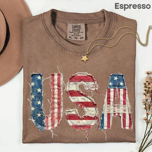 Frayed Denim USA Letters Comfort Colors T Shirts Shabby Chic Patriotic Tee Ragged American Flag Shirt 4th of July Fourth of July Gifts