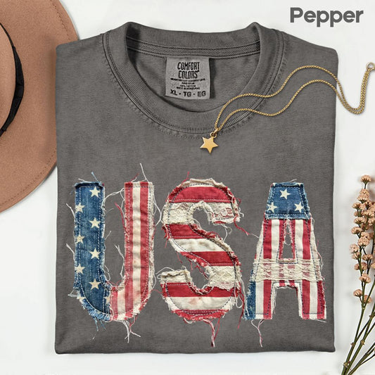 Frayed Denim USA Letters Comfort Colors T Shirts Shabby Chic Patriotic Tee Ragged American Flag Shirt 4th of July Fourth of July Gifts