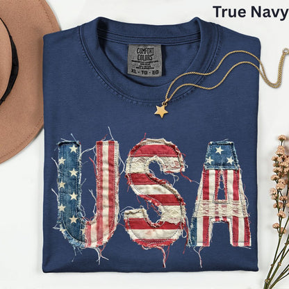 Frayed Denim USA Letters Comfort Colors T Shirts Shabby Chic Patriotic Tee Ragged American Flag Shirt 4th of July Fourth of July Gifts