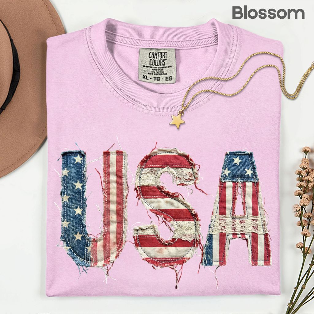 Frayed Denim USA Letters Comfort Colors T Shirts Shabby Chic Patriotic Tee Ragged American Flag Shirt 4th of July Fourth of July Gifts