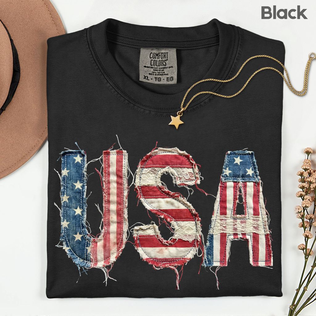 Frayed Denim USA Letters Comfort Colors T Shirts Shabby Chic Patriotic Tee Ragged American Flag Shirt 4th of July Fourth of July Gifts