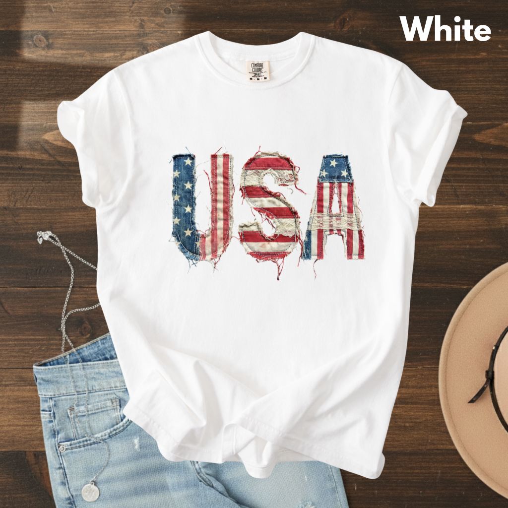 Frayed Denim USA Letters Comfort Colors T Shirts Shabby Chic Patriotic Tee Ragged American Flag Shirt 4th of July Fourth of July Gifts