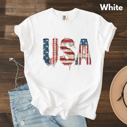 Frayed Denim USA Letters Comfort Colors T Shirts Shabby Chic Patriotic Tee Ragged American Flag Shirt 4th of July Fourth of July Gifts