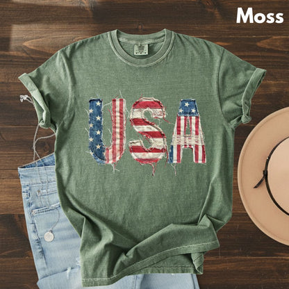 Frayed Denim USA Letters Comfort Colors T Shirts Shabby Chic Patriotic Tee Ragged American Flag Shirt 4th of July Fourth of July Gifts