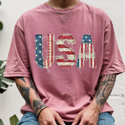 Frayed Denim USA Letters Comfort Colors T Shirts Shabby Chic Patriotic Tee Ragged American Flag Shirt 4th of July Fourth of July Gifts
