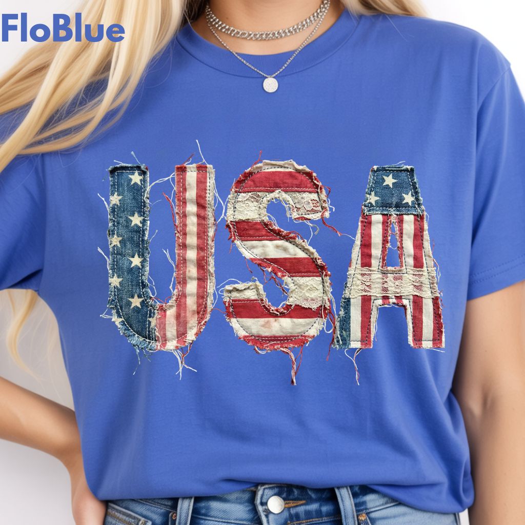 Frayed Denim USA Letters Comfort Colors T Shirts Shabby Chic Patriotic Tee Ragged American Flag Shirt 4th of July Fourth of July Gifts
