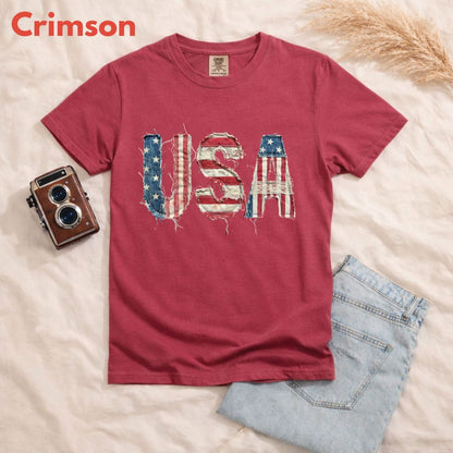 Frayed Denim USA Letters Comfort Colors T Shirts Shabby Chic Patriotic Tee Ragged American Flag Shirt 4th of July Fourth of July Gifts