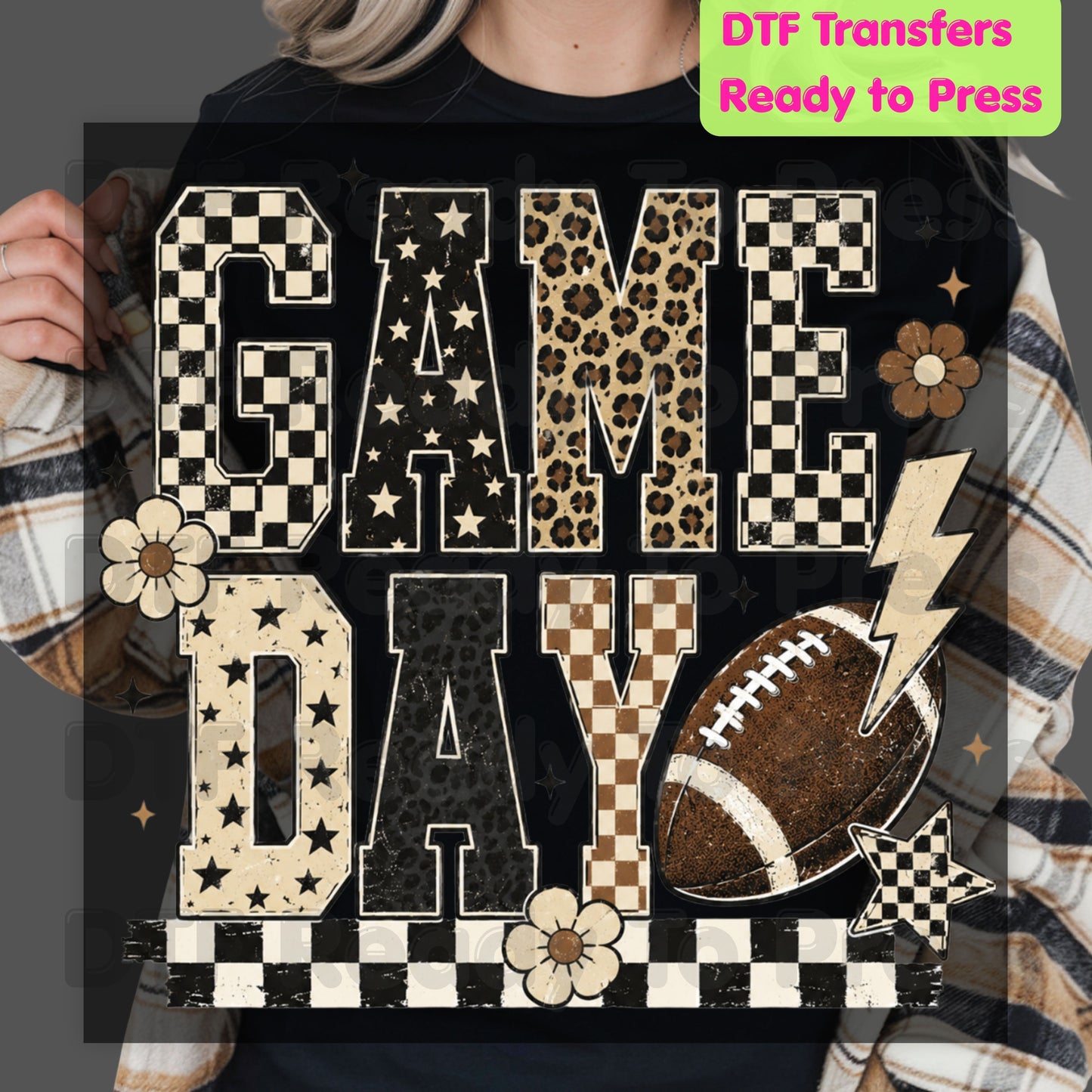 Game Day Leopard Football DTF Transfers, Checkered Lightning Bolt Retro Western Ready to Press
