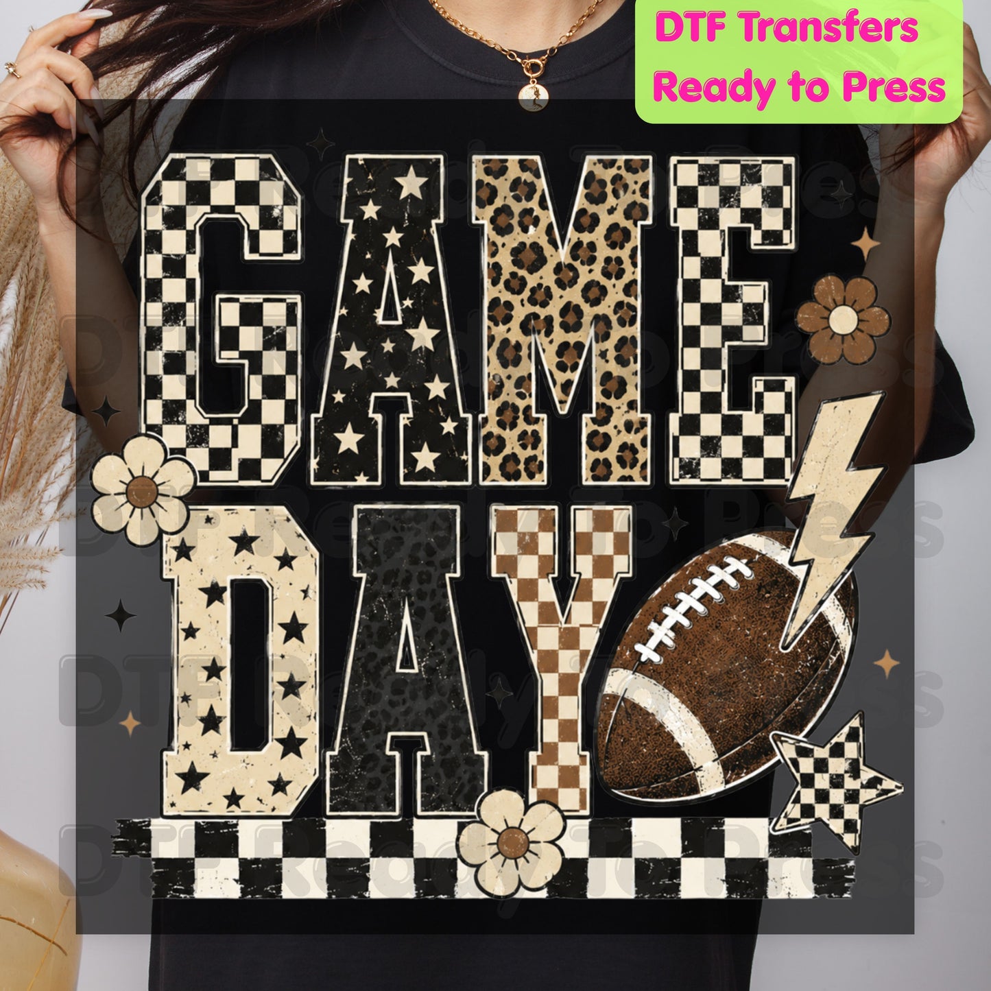 Game Day Leopard Football DTF Transfers, Checkered Lightning Bolt Retro Western Ready to Press