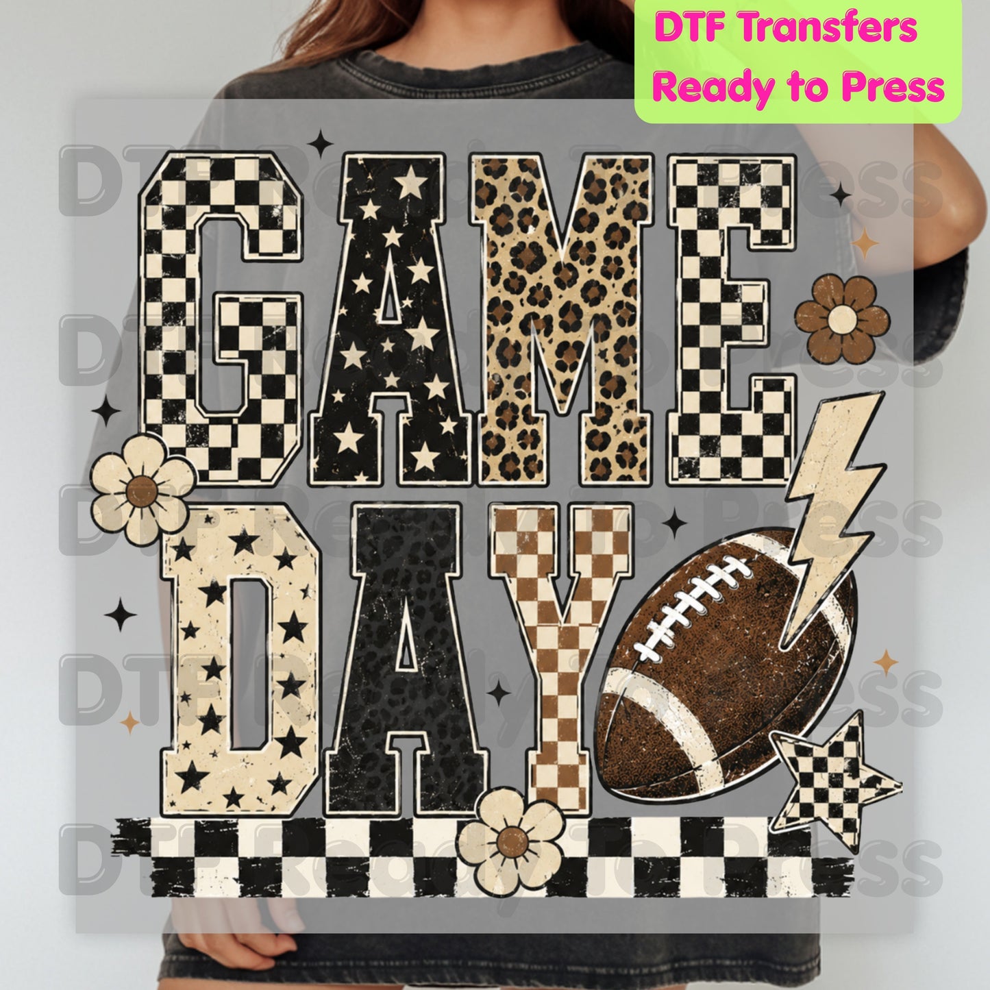 Game Day Leopard Football DTF Transfers, Checkered Lightning Bolt Retro Western Ready to Press