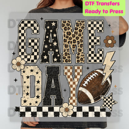 Game Day Leopard Football DTF Transfers, Checkered Lightning Bolt Retro Western Ready to Press