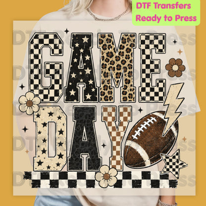 Game Day Leopard Football DTF Transfers, Checkered Lightning Bolt Retro Western Ready to Press